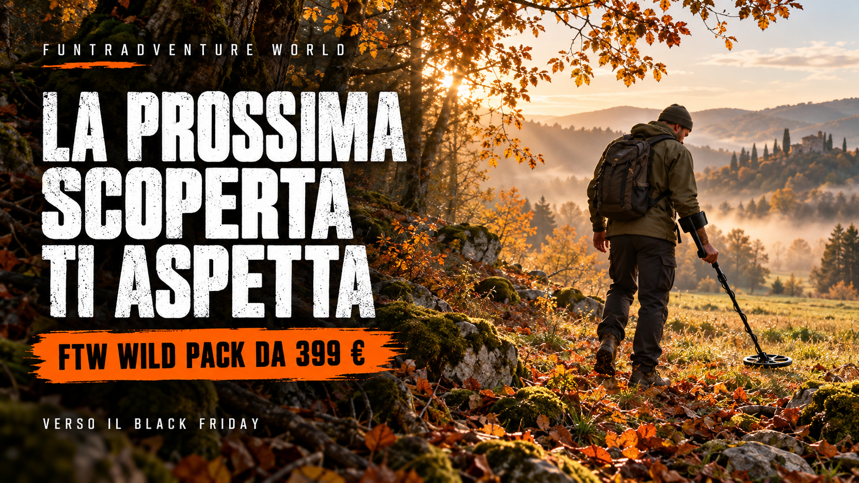 Detectorista durante una ricerca autunnale con metal detector